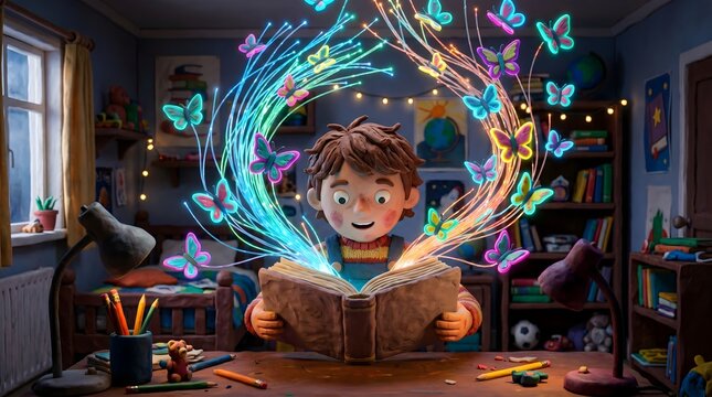 Claymation style boy reading magic book with glowing fiber optic butterflies.