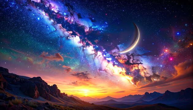 Vibrant Cosmic Milky Way with Crescent Moon and Mountain Sunset