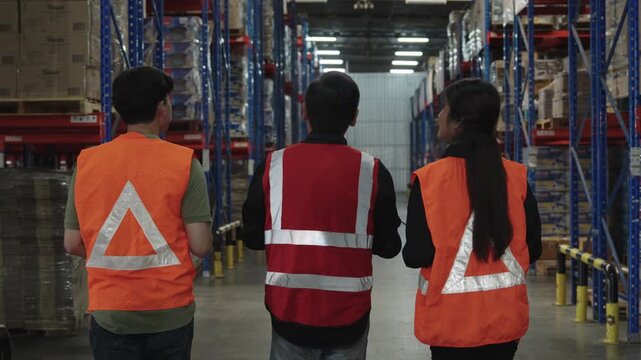Warehouse workers inspect document during quality control operations within brightly lit industrial warehouse filled with shelving and boxes for inventory management processes.