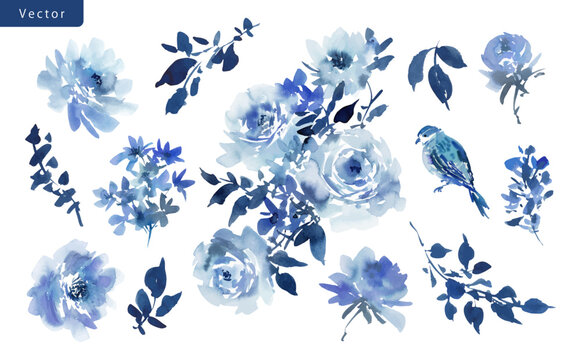 Watercolor indigo blue floral PNG clipart set with abstract hand painted wild roses, wild flowers and bird for pattern, wedding invitation and stationary