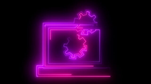 Laptop icon depicted in vibrant neon purple outlines with mechanical gear symbols floating above the screen display as a conceptual representation of digital optimization and advanced software.
