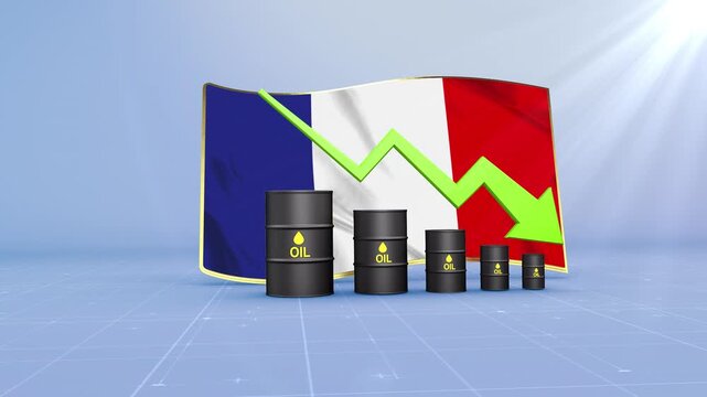 France Oil Price Falling with Oil Barrels Downward Green Arrow and 3D Financial Data Visualization Graphs for Economy and Business Concept
