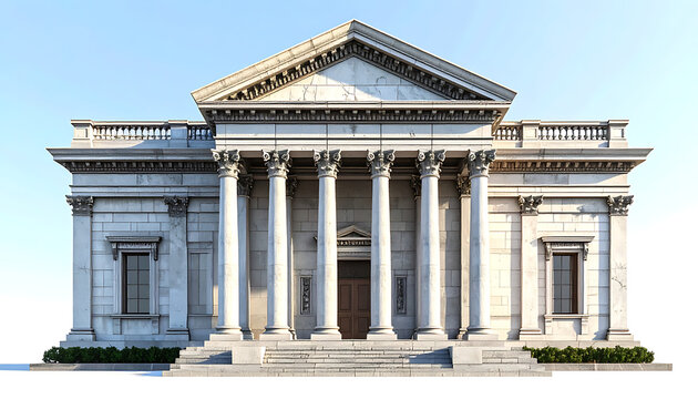 Classical Neoclassical Building Architecture with Greek Columns and Stone Facade.
