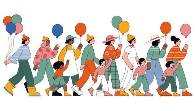 Happy families with children walking and holding colorful balloons set.eps