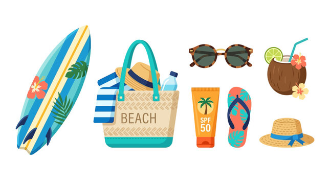 A colorful beach scene with a surfboard, tote bag, sunglasses, cocktail, flip flops, and hat on a sunny day.