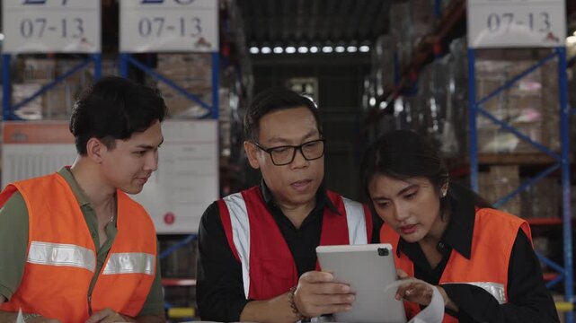Warehouse workers meticulously examine logistics data on tablet and document within dark storage facility featuring labeled shelving units "07-13" for inventory control operations.