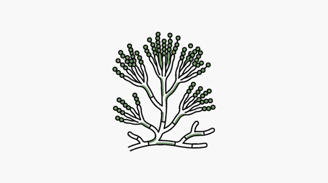 Microscopic view of Penicillium mold structure illustration.