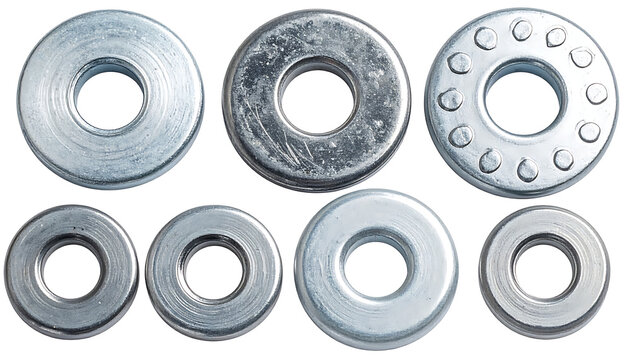 Collection of various industrial metal washers and steel spacers for construction and mechanical assembly.