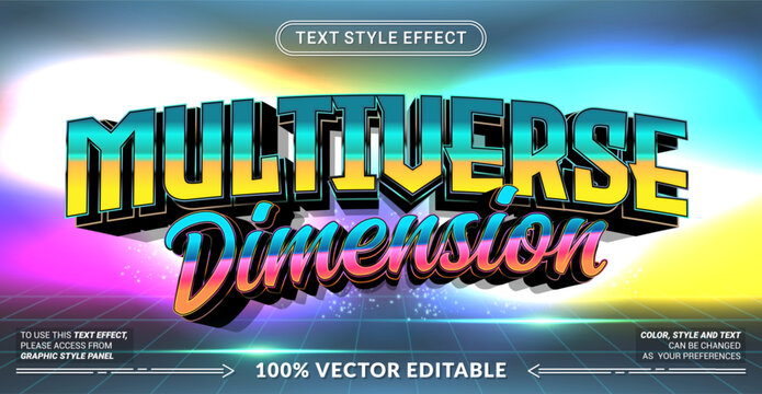Editable &ldquo;Multiverse Dimension&rdquo; text effect featuring futuristic typography, vibrant retro-futuristic gradients, and cosmic sci-fi styling for imaginative designs.