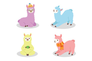 Naklejka premium Cute fluffy alpaca and llama clip art set flat vector illustration bundle of funny animal characters