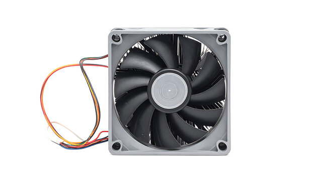 Computer cooling fan with black blades and colorful power wires isolated on white background.