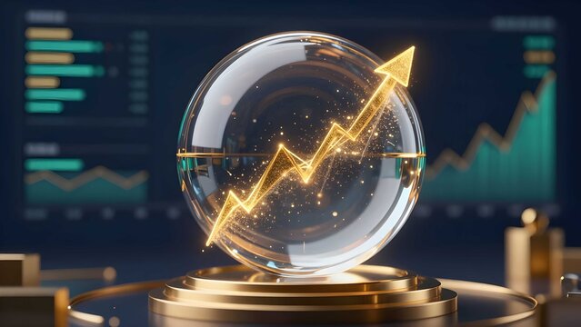 Futuristic financial market forecasting concept with a glowing golden arrow and candlestick charts inside a glass sphere orb