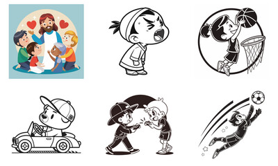 Obraz premium A collection of six diverse illustrations featuring children in various activities and a religious scene