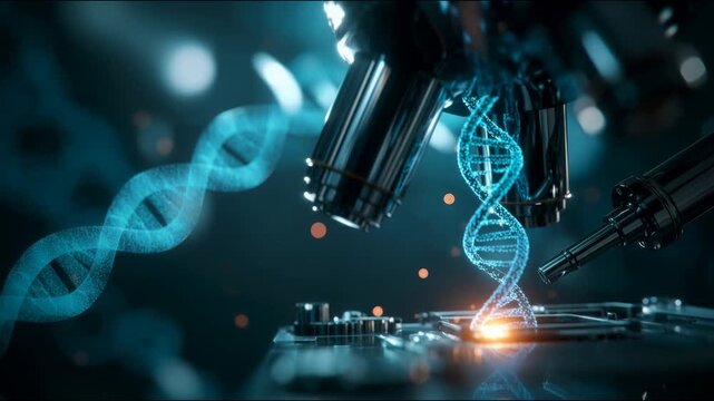 Genetic Engineering Science Background Featuring DNA Helix and Microscope