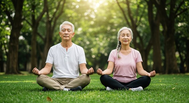 木漏れ日が優しく降り注ぐ新緑の公園で穏やかな表情で瞑想するシニア夫婦心身の調和と深いリラックスを求める平和な瞬間静寂の中で自然と一体になる美しい光景. AI Generated