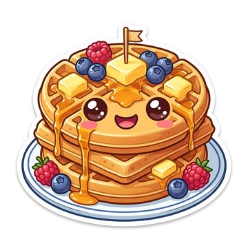 Cute Kawaii Waffles Stack with Berries and Syrup Sticker