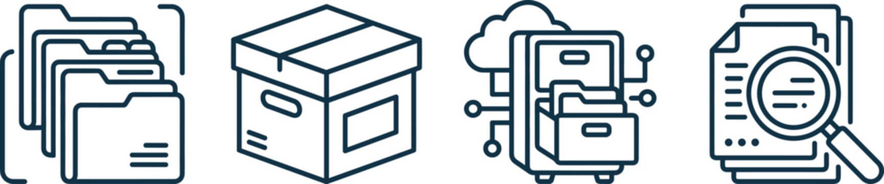 Document management and file archiving icon set representing cloud storage folder organization search audit thin line vector illustration