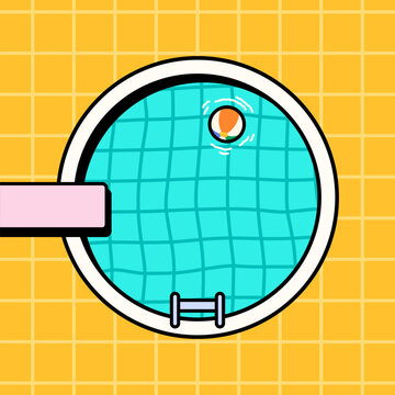 Top view swimming pool with ladder and floating beach ball on turquoise water. cartoon vector illustration perfect for summer, vacation, leisure, and recreation themes.