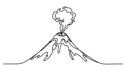 Continuous single line drawing of an erupting volcano with smoke coming out of the top © Dipa Roy