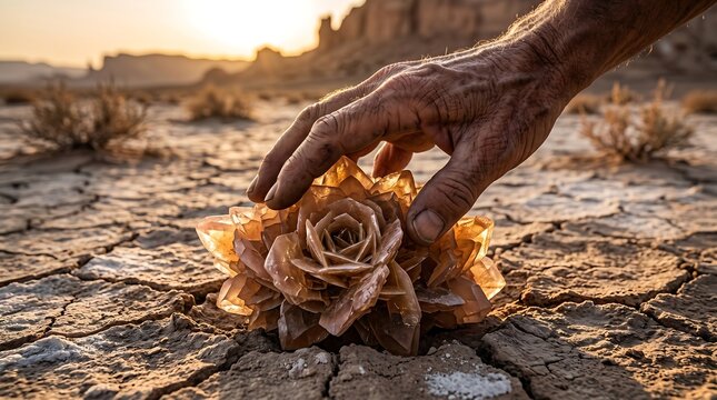 Weathered Hand Touching Desert Rose Crystal on Cracked Soil