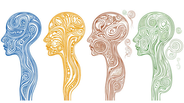 Four stylized human heads in profile, each rendered in a different color with intricate line art designs