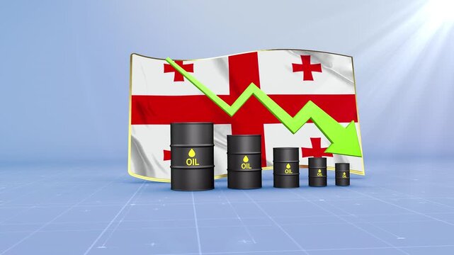 Georgia Oil Price Falling with Oil Barrels Downward Green Arrow and 3D Financial Data Visualization Graphs for Economy and Business Concept