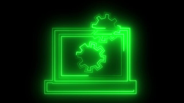 Computer screen icon with rotating gear components shines with a bright lime green neon light against a black backdrop to represent technical support or digital system optimization in modern industry.