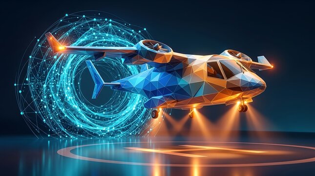 Futuristic low poly aircraft taking off near digital vortex portal