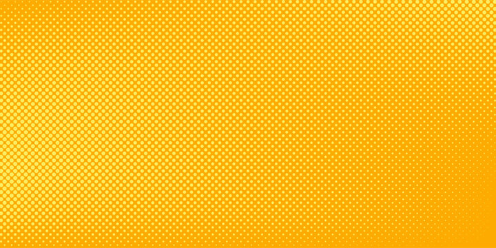 Yellow orange halftone pattern. Retro comic gradient background. Square pixilated dot cartoon texture.