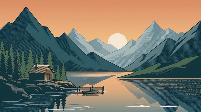Vintage flat vector mountain lake landscape with cabin and sunset