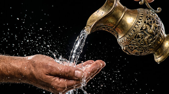 Pouring Fresh Water from an Antique Brass Pitcher into Cupped Hands in the Dark
