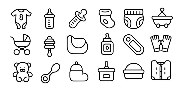 Collection of baby care and clothing in black outline style baby clothes onesie baby bottle pacifier in white background

