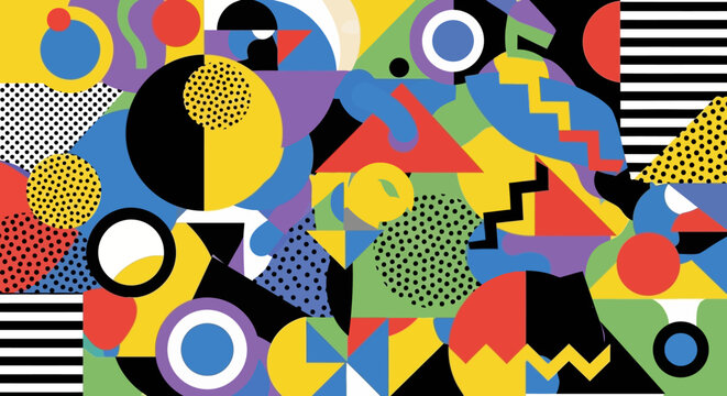 Abstract Geometric Shapes and Patterns Background, Memphis Style