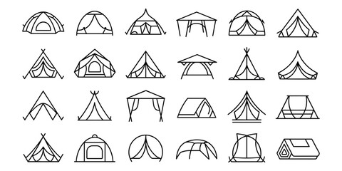 Collection of black line representing various camping tents and shelters outline line outdoor  in white background  © Tania