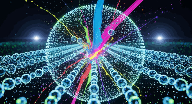 Abstract sphere with exploding paint splashes and glowing particles