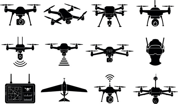 Collection of Modern Drone and UAV Vector Icons Featuring Quadcopters, Fixed-Wing Aircraft, FPV Goggles, and Remote Controls for Aerial Photography, Surveillance, and Tech Design Projects.
