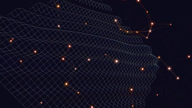 Abstract 3D digital wireframe mesh with glowing orange plexus nodes on dark background.
