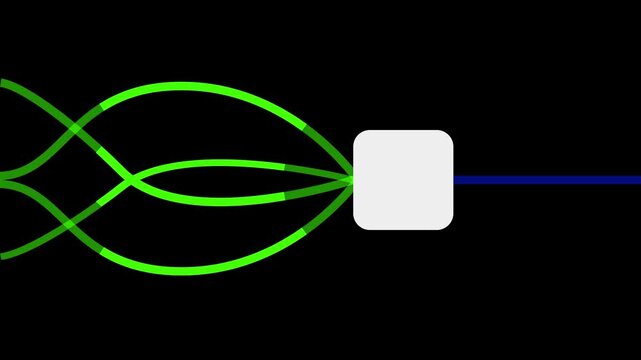Glowing green data streams merging into a bright central node and outputting a blue signal on a black background. Represents AI, machine learning, and fiber optic data processing.