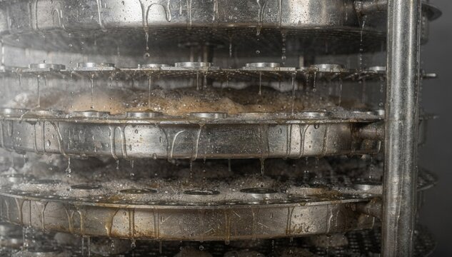 Closeup on wet distillation column trays showing moisture accumulation and vapor interactions within trays and downcomers during shutdown.