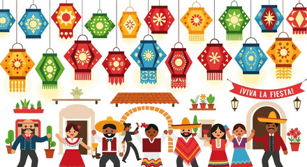 Fototapeta premium Mexican Fiesta Celebration with Traditional People and Colorful Lanterns