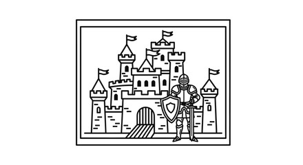 Fototapeta premium Medieval Knight Guarding Majestic Castle Entrance with Sword and Shield