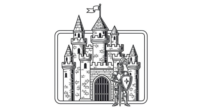 Medieval Knight Guarding Majestic Castle Fortress Entrance with Sword and Shield