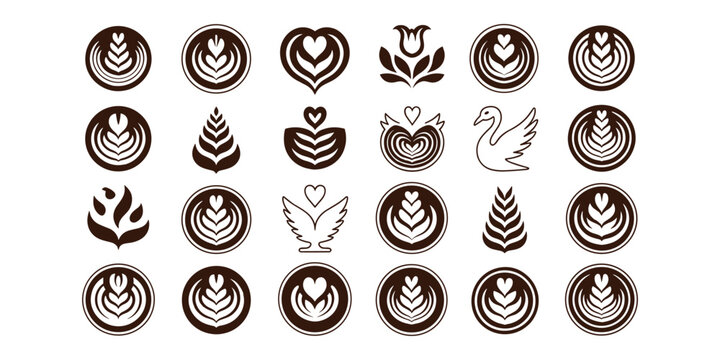 Collection of brown coffee latte and floral coffee latte coffee cafe barista drink beverage in white background
