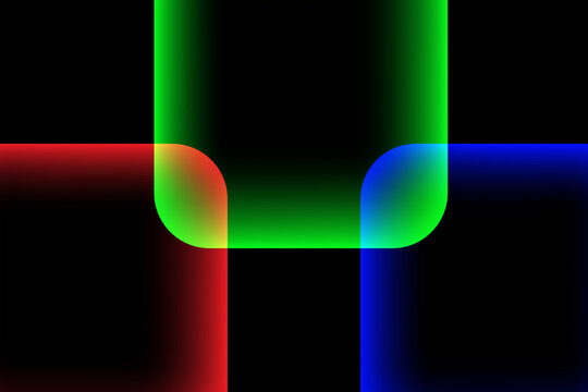 elegant black background with three colored squares neon red, neon blue and neon green