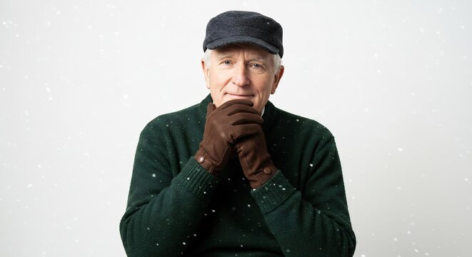 雪が舞い散る中でキャップと手袋を着用した穏やかな高齢男性が静かに佇む冬のポートレート. AI Generated