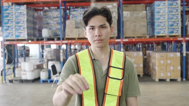 Young worker performs safety inspection within brightly lit warehouse filled with stacked boxes and shelves, wearing high-visibility vest over t-shirt for industrial logistics operations.