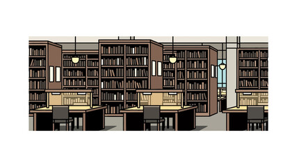 Quiet library interior with bookshelves and study desks © oky