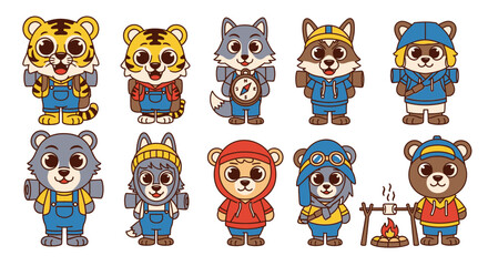 Fototapeta premium Cute Animals Camping and Hiking Adventure Vector Sticker Set
