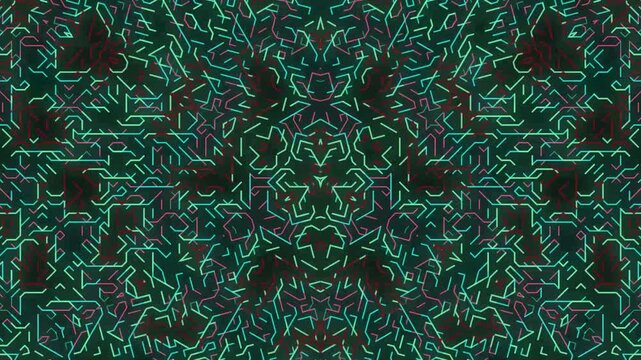 Abstract digital kaleidoscope of neon green and pink circuit board lines forming a futuristic tech background.