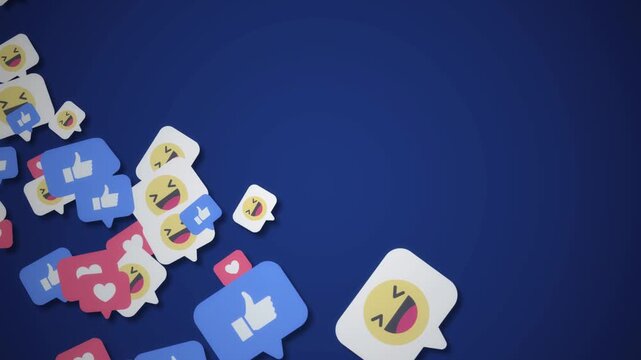 Motion graphics, social media reactions (emoticons, likes, shares) on blue background. with like, thump up, heart, cursor, bell subscribe. The neon signs of social media reactions. Concept: marketing,